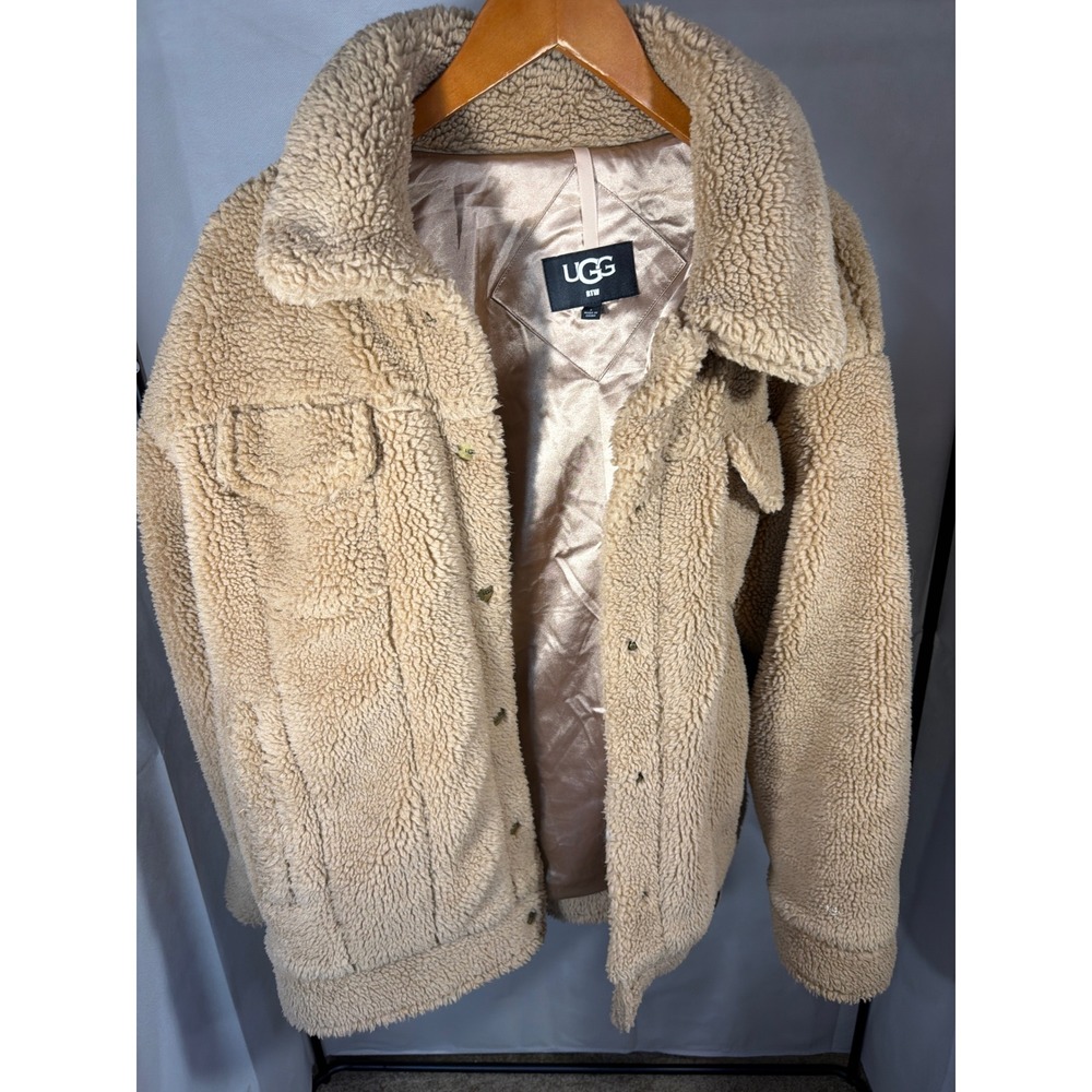 UGG Sherpa Trucker Jacket Womens Large Tan Excellent Faux Fur Coat 1113951